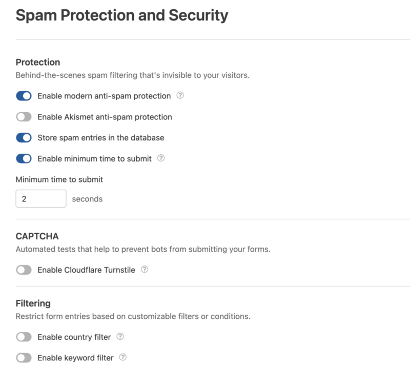 WPForms spam protection features