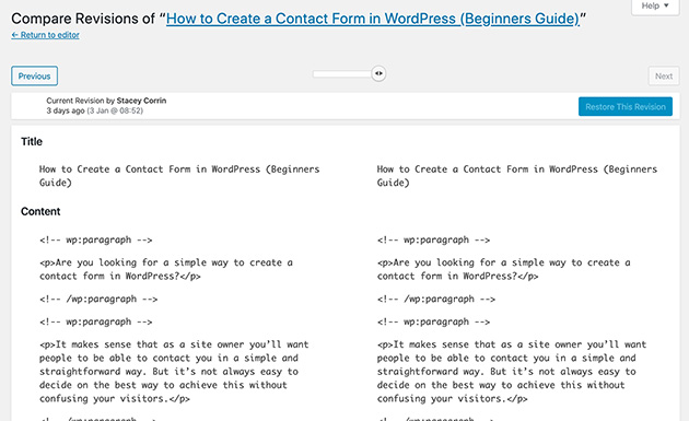 WordPress post revisions