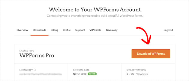 Click the orange button to download WPForms contact form plugin