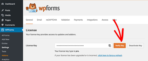 Verify WPForms license key