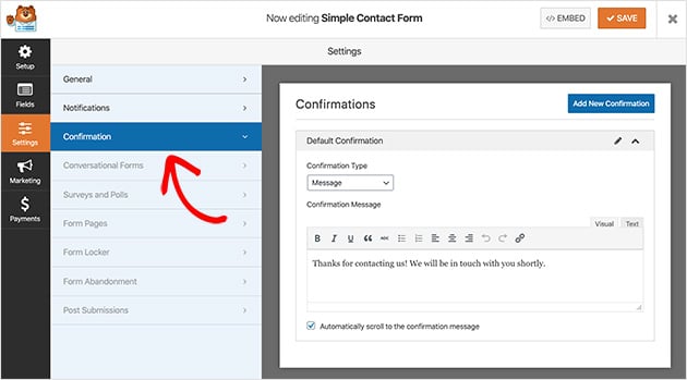 WPForms contact form Confirmation message