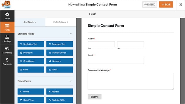 WPForms adds a simple contact form in WordPress