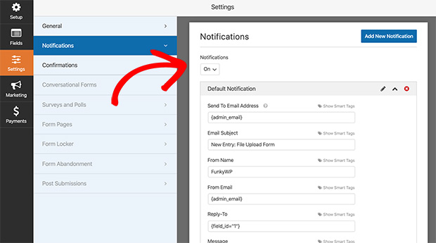 Set the notifications for your wordpress file upload form