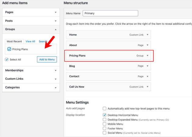 Add pricing page to WordPress menu