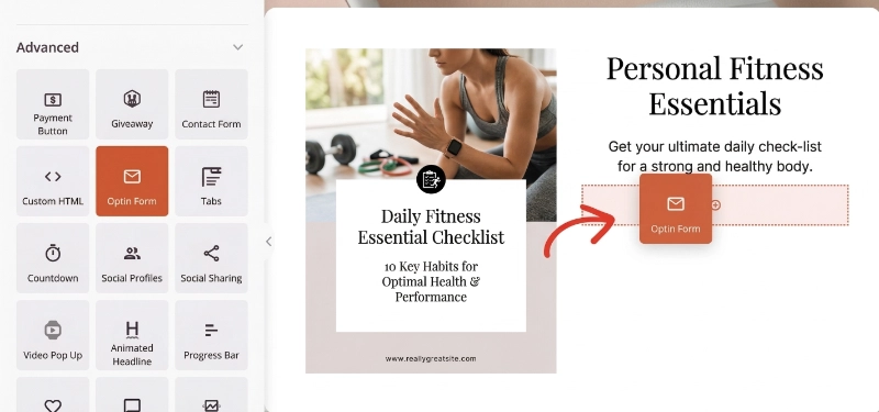 Example of a fitness lead magnet landing page created with SeedProd in WordPress
