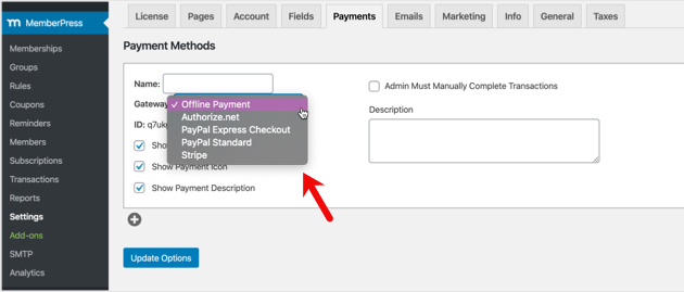 MemberPress payment settings