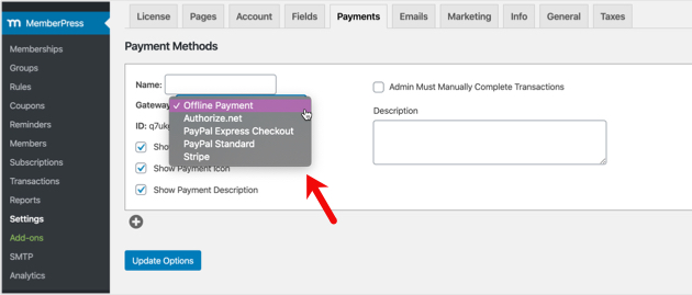 Paramètres de paiement de MemberPress