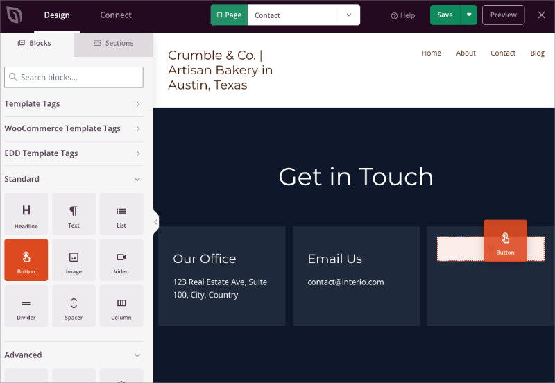 Adicionando um bloco de botão SeedProd a uma página de destino no WordPress