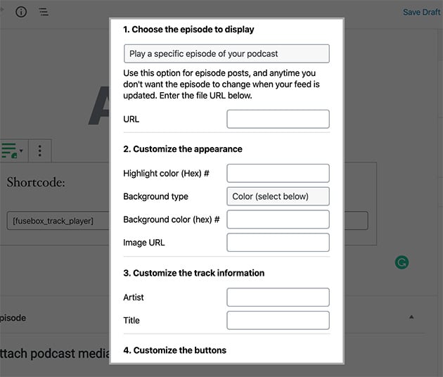 Track player shortcode settings