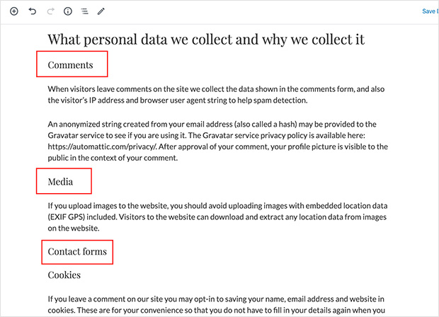 Privacy policy data collection sections