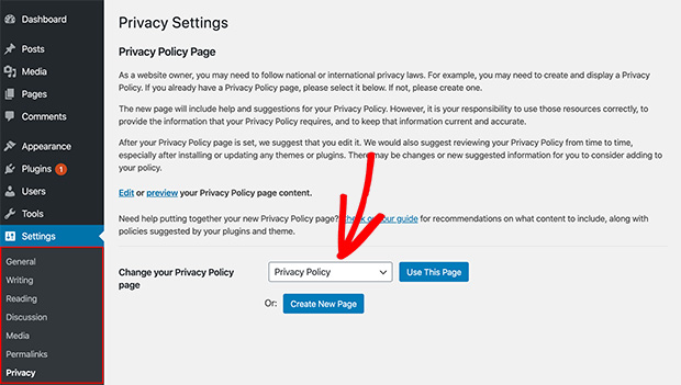 Draft WordPress privacy policy page