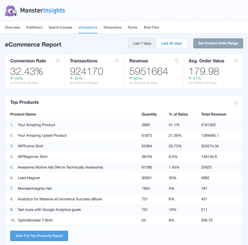 MonsterInsights ecommerce report