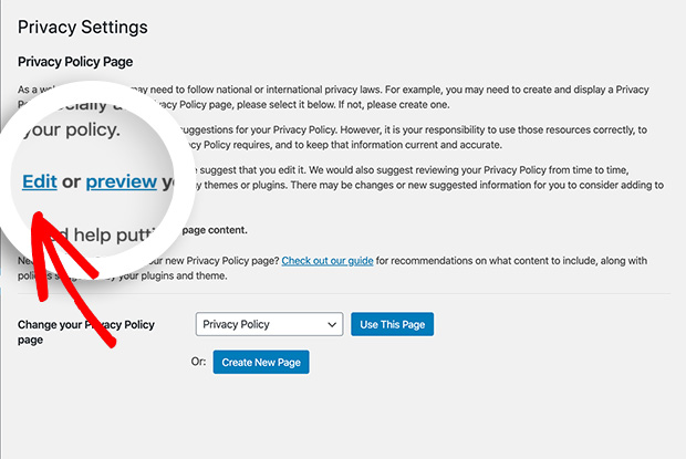 Edit wordpress privacy policy draft