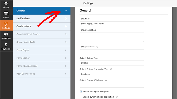 Event registration form general settings