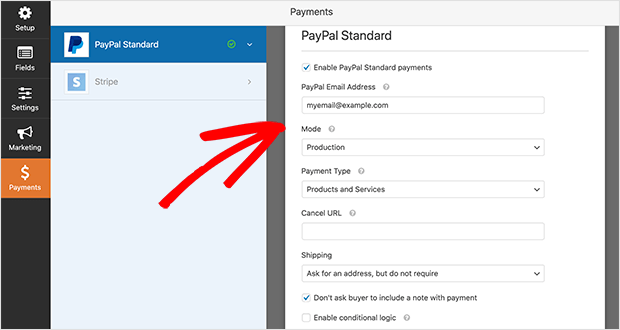 event registration form PayPal settings