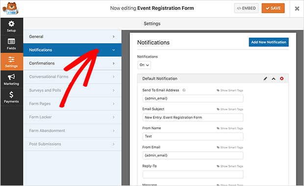 registration form notification settings