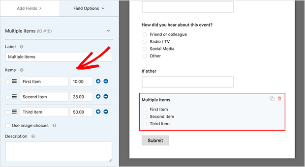 Multiple items event registration form field