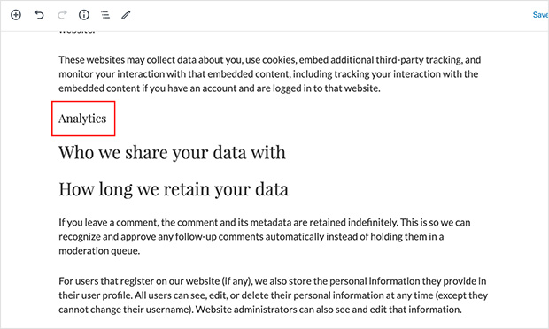 Default WordPress privacy policy sections with no information