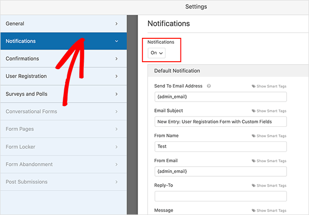 Registration form notification settings