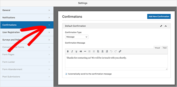 User registration form confirmation settings