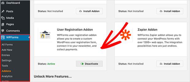 User registration form addon WPForms