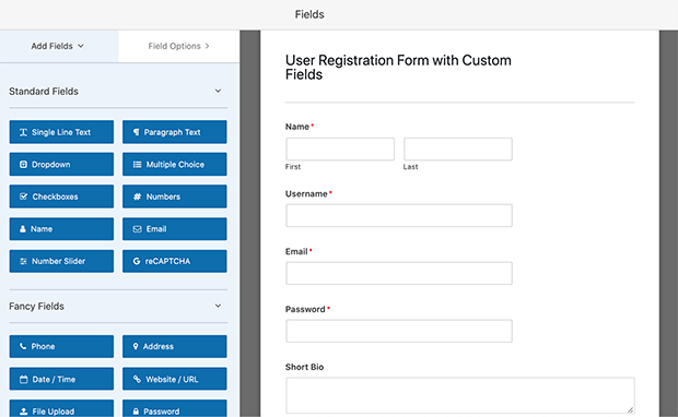 User registration form builder