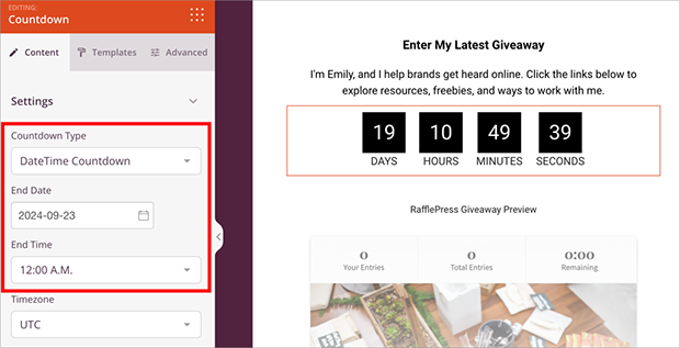 SeedProd countown timer for giveawy landing page