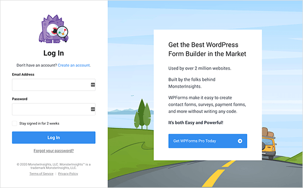 MonsterInsights custom WordPress login page