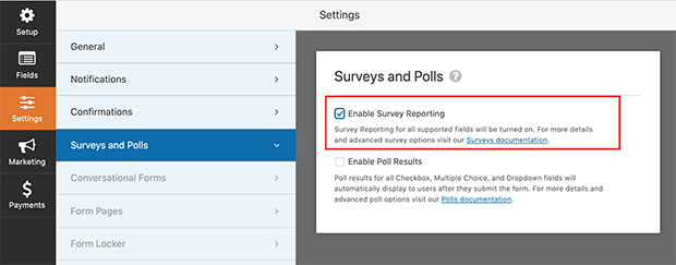 Enable survey reporting for existing WPForm forms