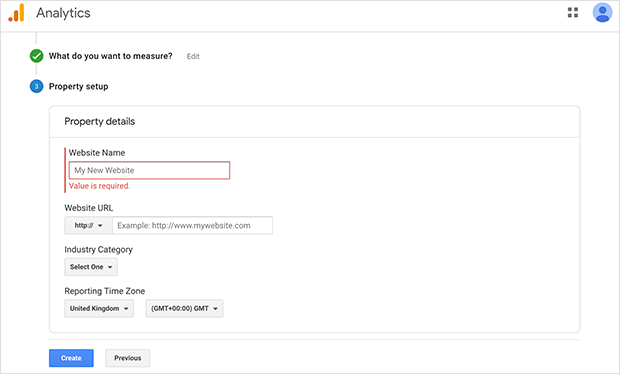 Enter your website details for Google Analytics