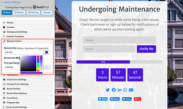 Maintenance page color options