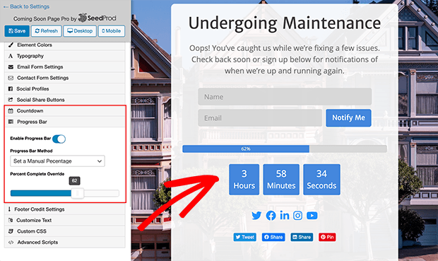 Progress bar and countdown timer for maintenance mode page