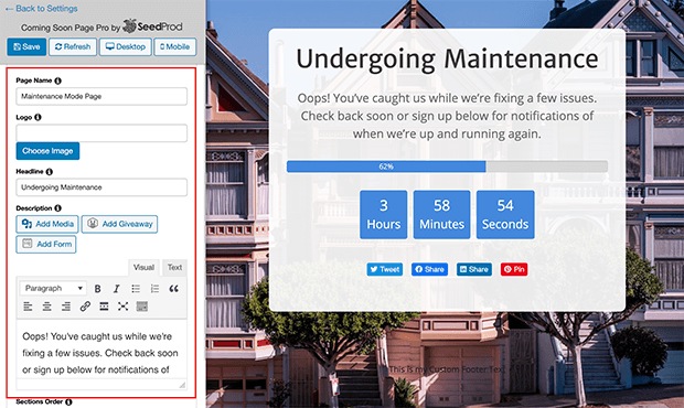 Maintenance mode page message