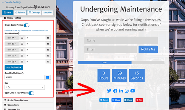 Maintenance page social profiles