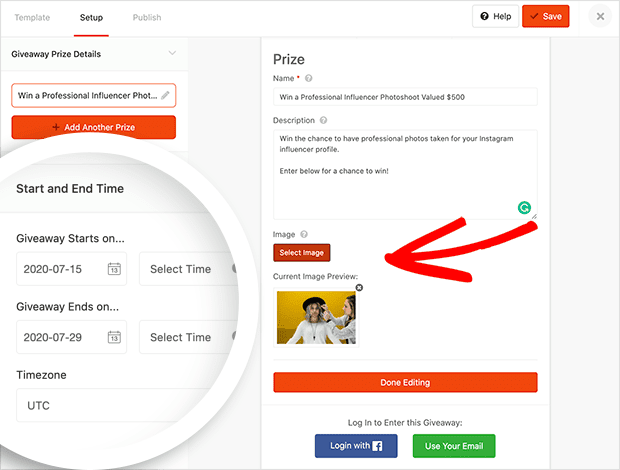 Add the image, time, and start date for your giveaway on Instagram