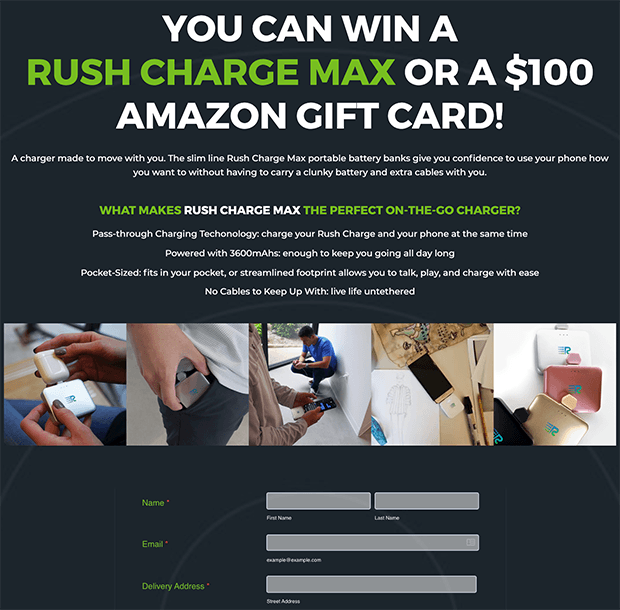 Rush Charge Max giveaway landing page example