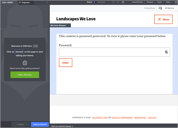 Use the CSS Hero Editor to customize your WordPress password protect page
