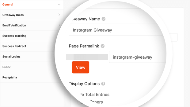 General settings to give your giveaway landing page a URL