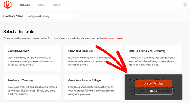 Choose the instagram giveaway template