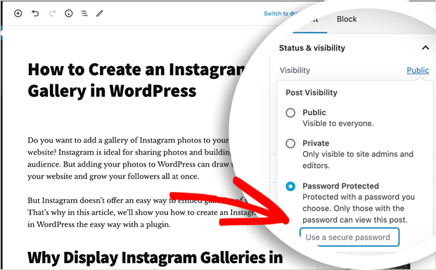 Choose the password protected visibility option to password protect a post in WordPress