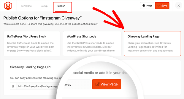 Publish your instagram giveaway on a landing page