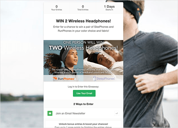 RunPhones contest landing page example using RafflePress
