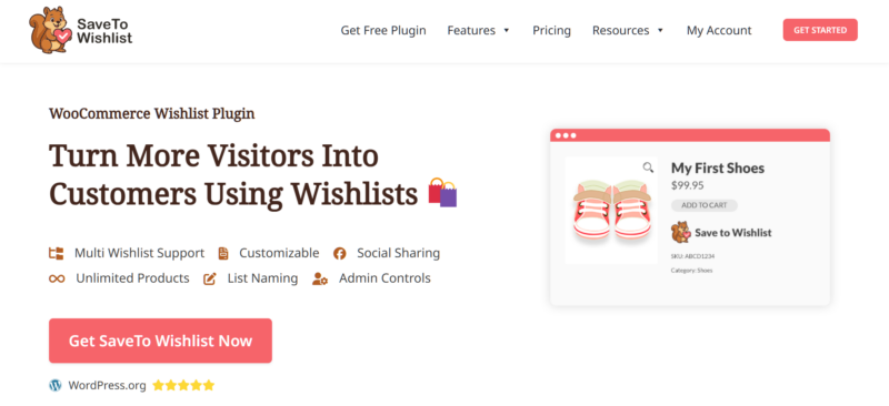 SaveTo Wishlist plugin showing a WooCommerce wishlist on a product page