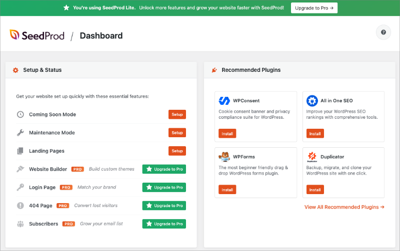 SeedProd free version dashboard in WordPress