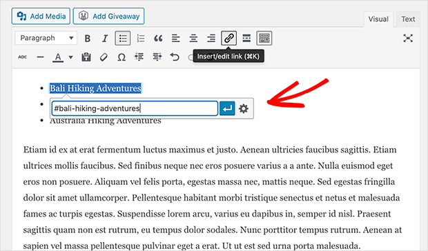 Agregue su enlace ancla en el editor clásico de WordPress usando el prefijo # y su slug de enlace.