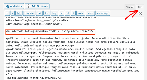 Cambie al editor de texto y agregue el atributo id a su contenido HTML