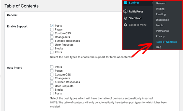 Configure the settings for the easy table of contents plugin