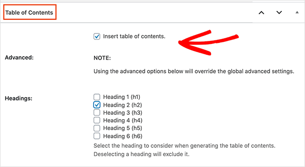 Click the checkbox to insert a table of contents into your article