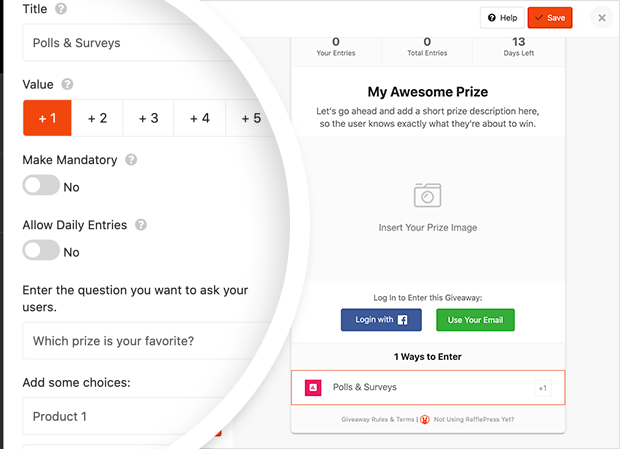 RafflePress polls and survey entry action