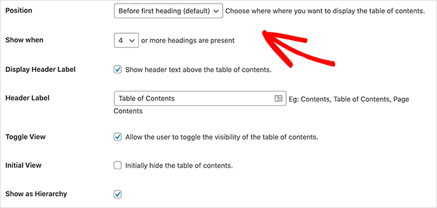Choose the position settings for your table of contents in WordPress